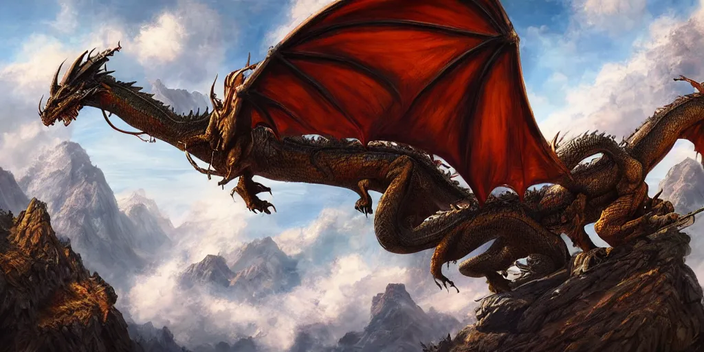 Prompt: dragon flying in mountain landscape, digital art, epic, fantasy, d & d, intricate, hyper detailed, devianart, concept art, smooth, concept art, vibrant, photorealistic, rj palmer, rossier, jessica