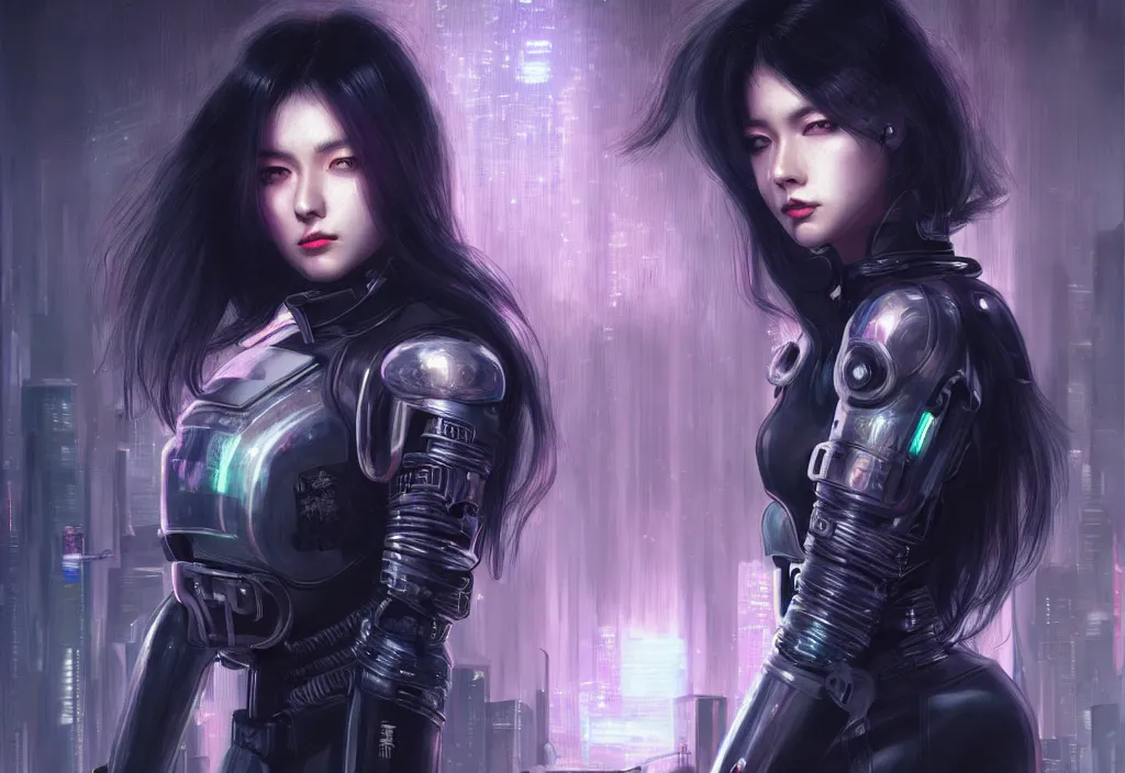 Image similar to portrait holy dark grey hair of futuristic police girl, black armored uniform, at cyberpunk reflected tokyo night, ssci - fi and fantasy, neon light, intricate and very very beautiful, highly detailed, digital painting, artstation, concept art, smooth and sharp focus, illustration, art by tian zi and wlop and alphonse mucha