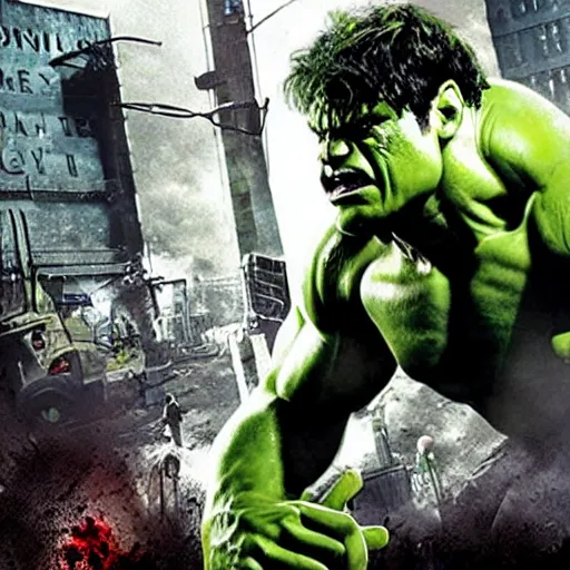 Prompt: the hulk in a zombies movie