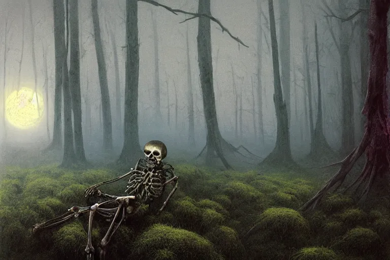 Image similar to a burning with fire human skeleton sitting behind computer, overgrown with moss, in foggy forest, at night with moon light, dark atmosphere, by beksinski zdzislaw