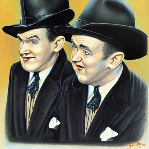 Image similar to A portrait of Stan Laurel and Laurel Hardy in hats by Frank Kelly Freas