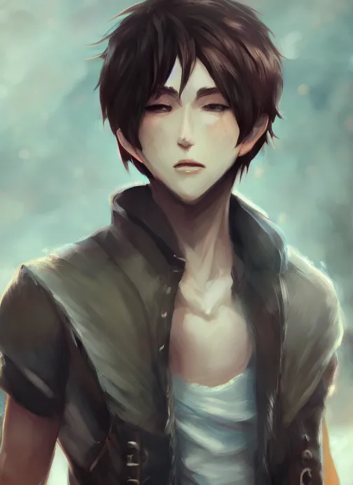 Image similar to detailed beautiful male character art of a protagonist, depth of field, on amino, by sakimichan patreon, wlop, weibo high quality art on artstation, deviantart