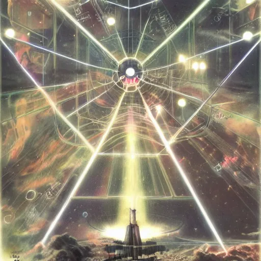 Image similar to the ethereal queen of technology bestows the gift of circuits to humanity. matte painting. fantastic.