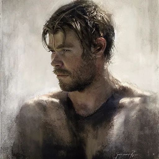 Image similar to portrait of an emotional chris hemsworth, by jeremy mann, anders zorn.