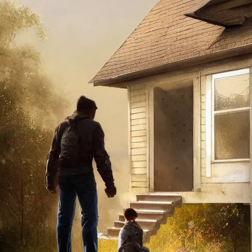 Image similar to a guy is leaving is home with luggage and sad angry mood, his wife is kissing another man under the porch of the house, highly detailed,, artstation hd, deviantart, by madgwick,, greg rutkowski, artgerm