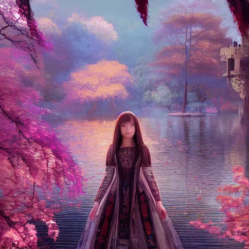 Image similar to nicolas cage as a beautiful young girl in intricate clothing by ross tran, walking in a castle, lake painted by sana takeda, rtx reflections, very high intricate details, painting, digital anime art, medium shot, mid - shot, composition by ilya kuvshinov, lighting by greg rutkowski