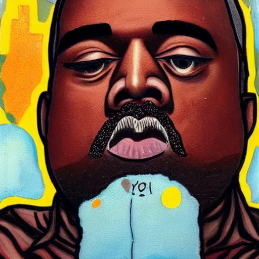 Prompt: kanye west flying above new york, realistic old painting in the style of jack stauber