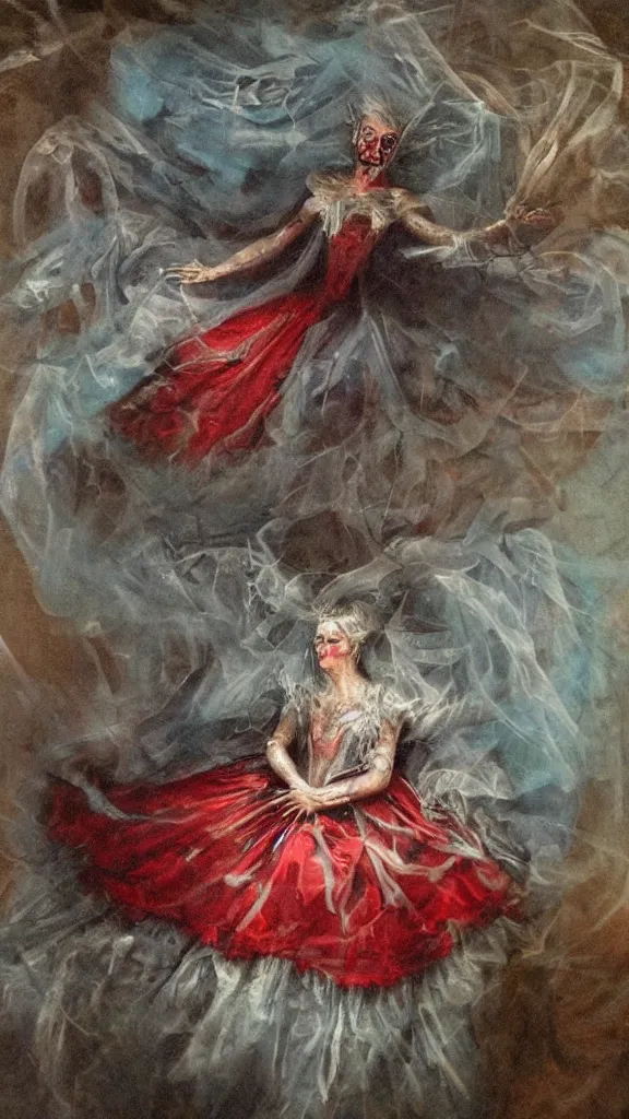 Image similar to A 18th century, messy, silver haired, woman half spider, dressed in a red wedding dress. Everything is underwater and floating. Mystical, dreamlike, atmospheric, scarry, horroristic shadows, ((greenish blue tones)), theatrical, (((underwater lights))), high contrasts. fantasy oil canvas, inspired by Henry Wallis's The Death of Chatterton,