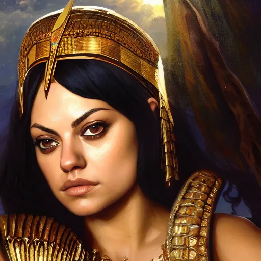 Image similar to a closeup portrait of a young mila kunis as cleopatra, gorgeous view, pyramid background, high detail, art by artgerm and greg rutkowski and alphonse mucha, digital art, trending on artstation