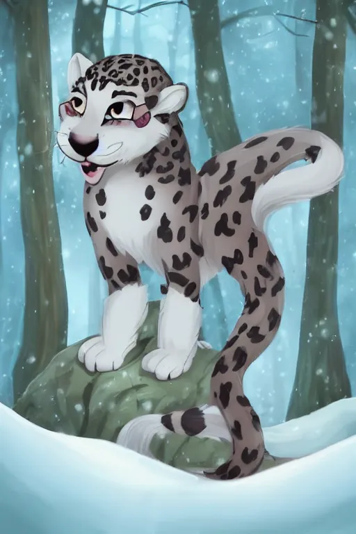 Image similar to a pretty medieval anthropomorphic snow leopard with a fluffy tail in the forest, comic art, trending on furaffinity, cartoon, kawaii, backlighting, furry art!!!, radiant light, bokeh, trending on artstation, digital art