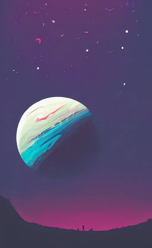 Image similar to a beautiful illustration of jupiter at night, art of alena aenami, featured on artstation, vertical orientation, paint brush strokes, expressionism, brushstroke - laden, breathtaking clouds, birds, ocean, beautiful stars, long exposure, big moon radius, airy midnight theme, blue purple gradient, lens flare