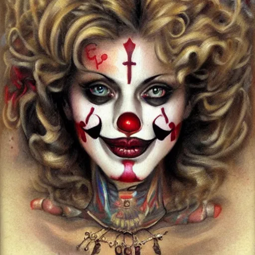 Image similar to photorealistic painting of a female tattooed clown face with a red nose, realistic eyes, symmetric face, beautiful bone structure, dark blonde long hair, painting by gaston bussiere