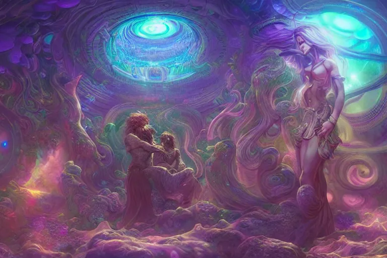 Image similar to a psychedelic realm at the edge of existence where intensely creative astral beings live, the astral beings are holding each other to share love, in the style of wlop, illustration, epic, fantasy, hyper detailed, smooth, unreal engine, sharp focus, ray tracing