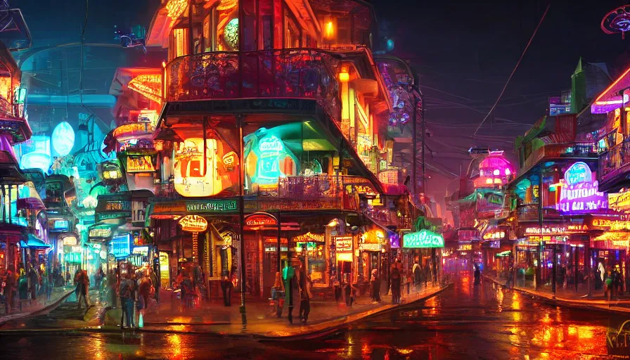 Image similar to futuristic bourbon street with color lights at night, fanfare, hyperdetailed, artstation, cgsociety, 8 k