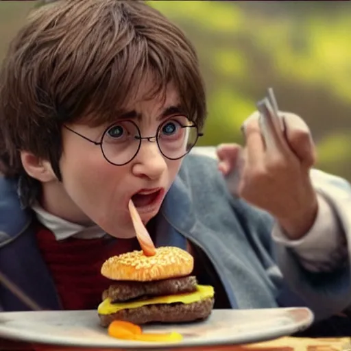 Image similar to Harry Potter eating a cheeseburger, photo realistic, award-winning, highly-detailed, epic, cinematic, dramatic