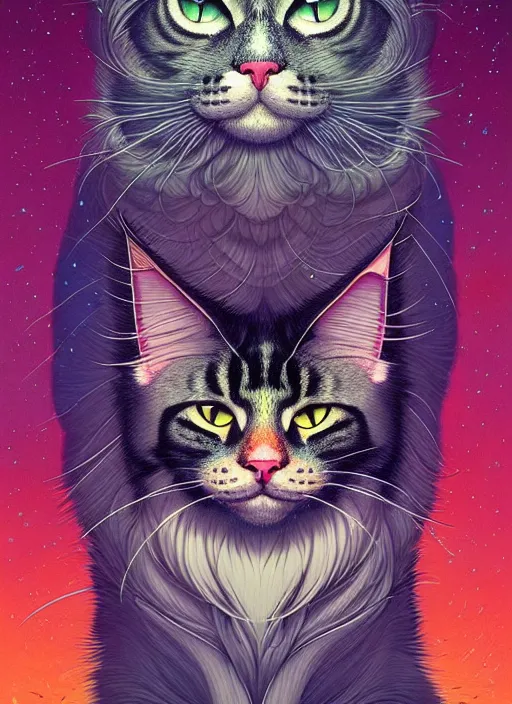 Prompt: prompt! dream symmetry!! stunning portrait of beautiful a maine coon cat!! by victo ngai, kilian eng vibrant colours, dynamic lighting, digital art, winning award masterpiece, fantastically beautiful, illustration, aesthetically inspired by beksinski and dan mumford, trending on artstation, art by greg rutkowski, 8 k