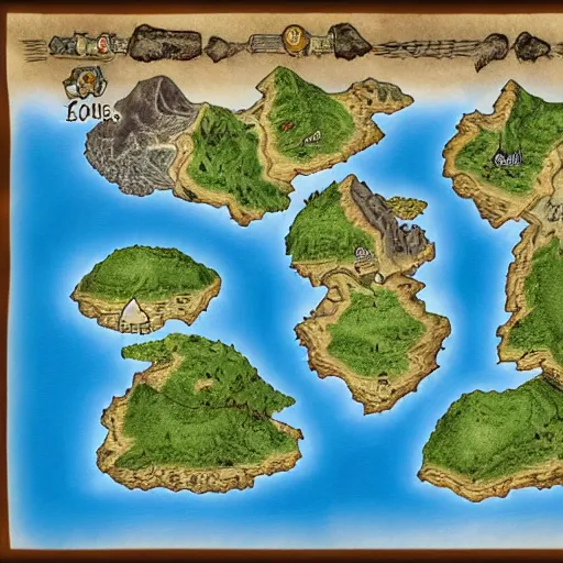 Image similar to dnd world map, mountains, villages, rivers, oceans, islands, unlabeled