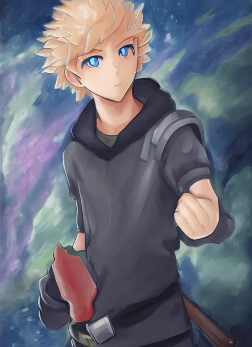 Image similar to An epic fantasy pokemon anime style portrait painting of a young blonde boy thief