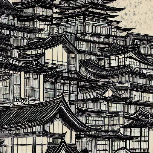 Image similar to a beautiful ink painting of buildings in japanese traditional style, in the style of hiroshi yoshida, at night, light effect, detailed, high - definition, exquisite isolated very detailed, moody lighting, 8 k highly detailed, trending on artstation