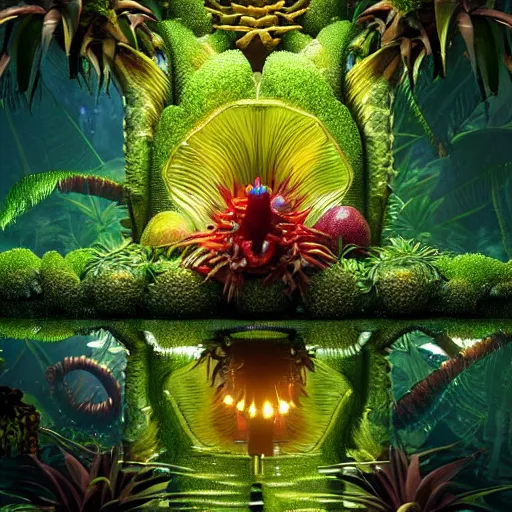 Prompt: tropical fruit creature in a lush trunda vegetation, water reflection, night, backlit, warm tones, bioluminescent : by michal karcz, daniel merriam, victo ngai and guillermo del toro : ornate, dynamic, particulate, intricate, elegant, highly detailed, centered, artstation, smooth, sharp focus, octane render, 3 d