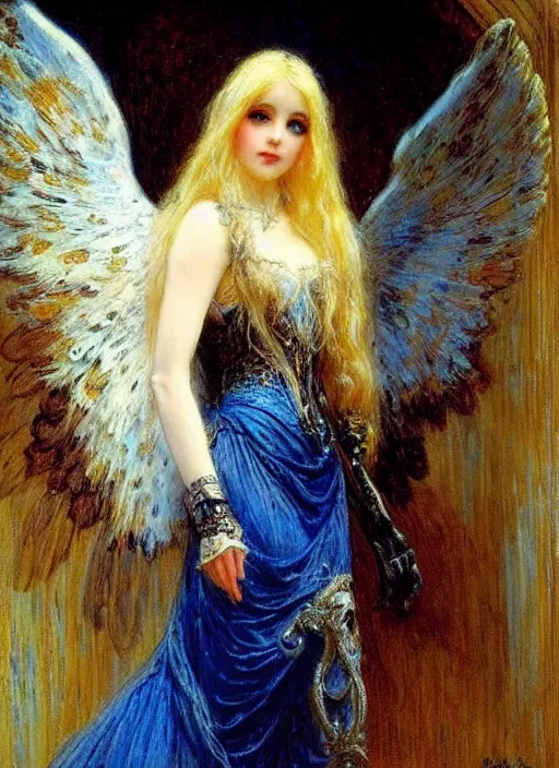 Image similar to vertical prtrait of an angel knight gothic girl, baroque dress. by gaston bussiere