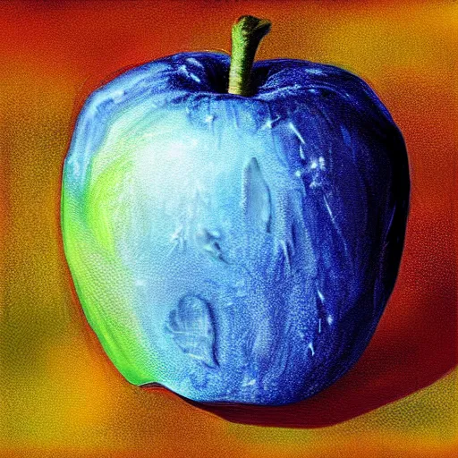 Image similar to frozen blue apple, highly detailed, digital painting