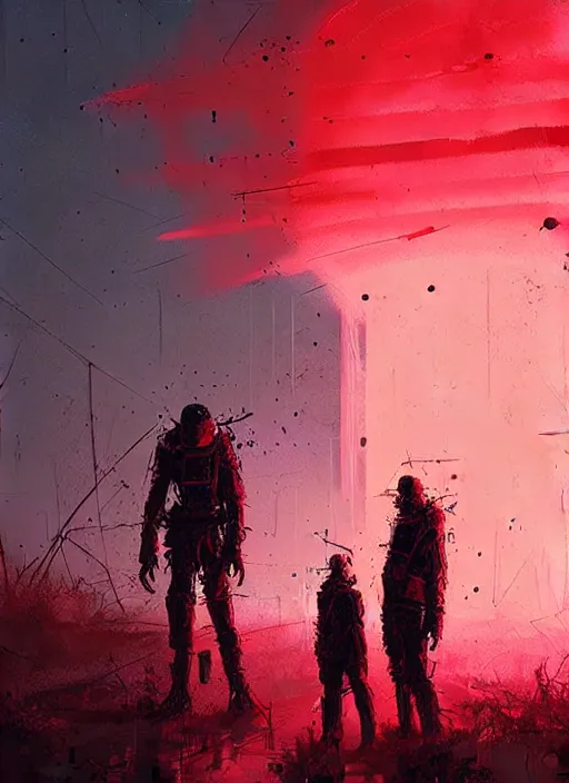 Prompt: horror art, meta - human troopers in a muddy trench, red vortex sky in the background, art by ismail inceoglu