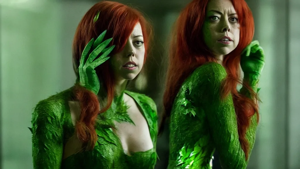 Image similar to Aubrey Plaza as Poison Ivy in The Dark Knight, green skin film still from the movie directed by Denis Villeneuve with art direction by Salvador Dalí, wide lens