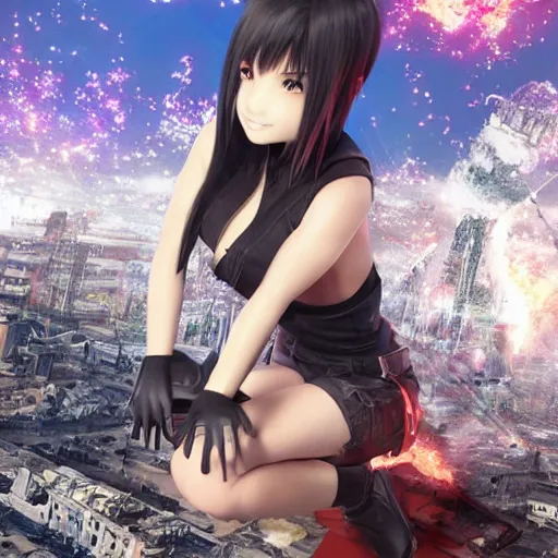 Image similar to a giant giga sized tifa from final fantasy 7 remake having fun destroying a city while smiling, digital art, octane render, award winning, very detailed, full body portrait, 3d render, detailed facial expressions, destroyed city, 4k destruction, fire, video game art, no text, ray tracing, slow motion glitter sparkles in the air, powerful, chakra attack, good composition