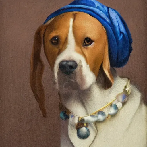 Prompt: Dog with a pearl earring, by Johannes Vermeer, 8k