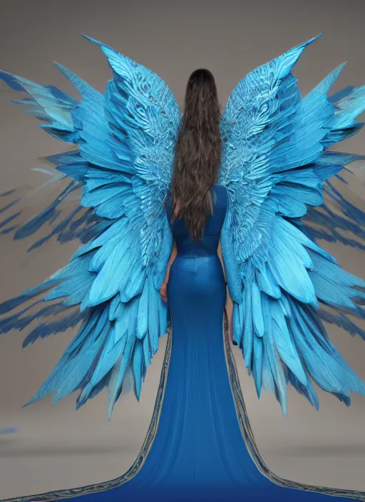 Prompt: full shot of beautiful model on runway wearing a blue dress with wings, sea form, costume design, octane render, unreal engine, illustration, cinematic, product - view, cinecolor, 3 - dimensional, insanely detailed and intricate, hypermaximalist, elegant, ornate, hyper realistic, super detailed, render by maya, design by issey miyake and