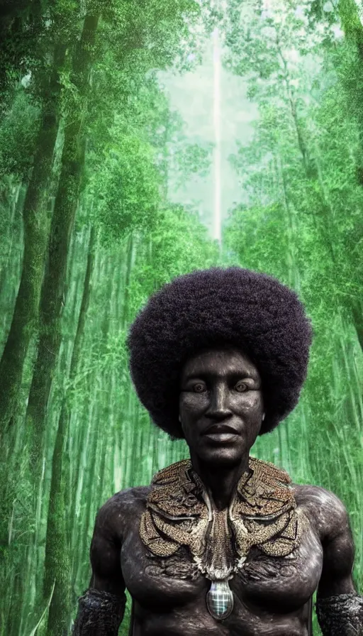 Image similar to hyper realistic 3 d render of a afro future sci - fi ancient black god on the middle of a forest