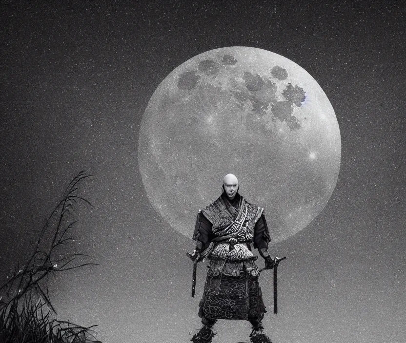 Image similar to '2d design graphic a samurai in the night ,big white moon background , gloomy and foggy atmosphere, octane render, horror scene, highly detailded style of Moebius, black and white ink '