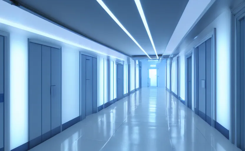 Image similar to an hallway in hospital with soft blue lights in the roof, octane render, artstation trending, highly detailded