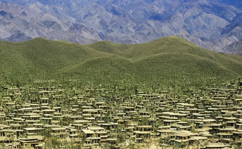 Image similar to green lush city with various trees and wooden buildings made from bamboo, built in death valley