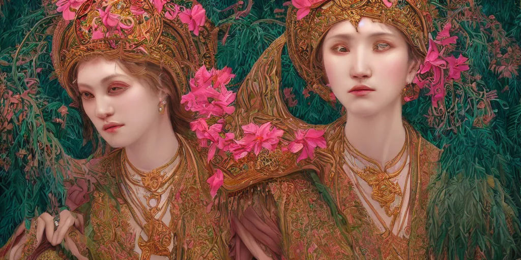 Image similar to breathtaking detailed concept art painting of the goddess of flamingo, orthodox saint, with anxious, piercing eyes, ornate background, amalgamation of leaves and flowers, by Hsiao-Ron Cheng, extremely moody lighting, 8K