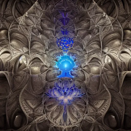 Image similar to a beautiful 3 d painting of a huge sprawling fractal cathedral interior populated by mandelbrot fractals by android jones, unreal engine, carved stone, carved soap, white color scheme, volumetric lighting, octane render, dramatic lighting, glowing, carved marble, opalescent, sacred geometry, religious, angelic, catholicpunk, stark, 8 k, ultra detailed