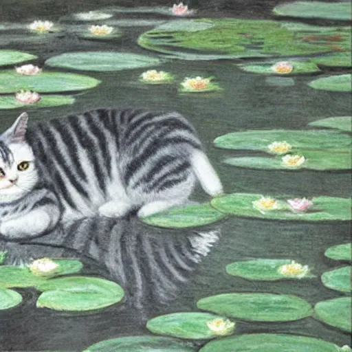 Prompt: a white black and grey tabby cat with a black and grey striped head, stretching on a lilypad floating on a lake, in the style of Water Lilies painting by Monet