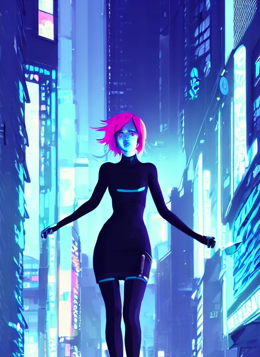 Prompt: digital illustration of cyberpunk pretty girl with blue hair, wearing a tight black dress, in city street at night, by makoto shinkai, ilya kuvshinov, lois van baarle, rossdraws, basquiat