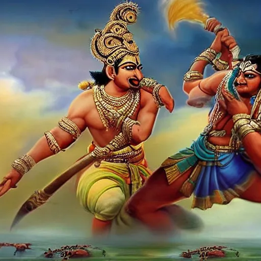 Prompt: Battle between Lord Rama vs Ravana from Indian epic ramayana, hyper-realistic 8k