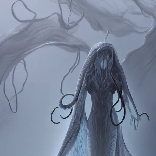 Image similar to concept designs for an ethereal ghostly wraith like figure with a squid like parasite latched onto its head and long tentacle arms that flow lazily but gracefully at its sides like a cloak while it floats around a frozen rocky tundra in the snow searching for lost souls and that hides amongst the shadows in the trees, this character has hydrokinesis and electrokinesis for the resident evil village video game franchise with inspiration from the franchise Bloodborne