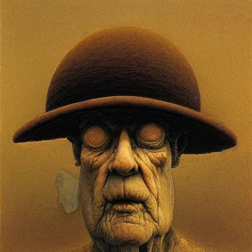 Image similar to man wearing a heavy fat stone hat high resolution, high quality, by jean - zdzislaw beksinski