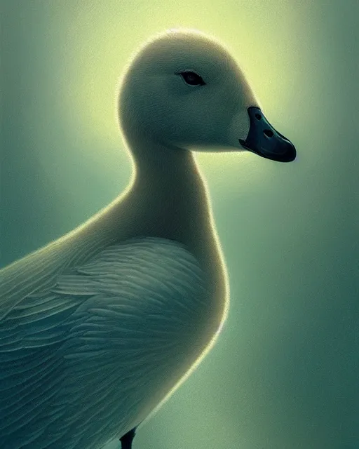 Image similar to complete and delicate portrait of a goose, beautiful, agile, fairy, myth, legend, detailed, trending on artstatioin, light effects, kilian eng, john harris, bastien lecouffe - deharme