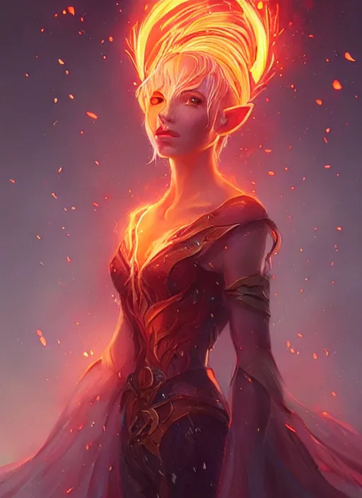 Prompt: a portrait fantastical glowing elf made of fire illustrated by artgerm and greg rutkowski