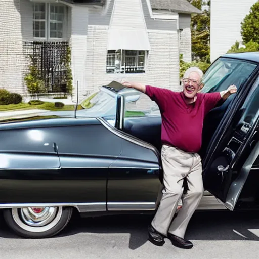 Prompt: a older man excited about his new cadillac