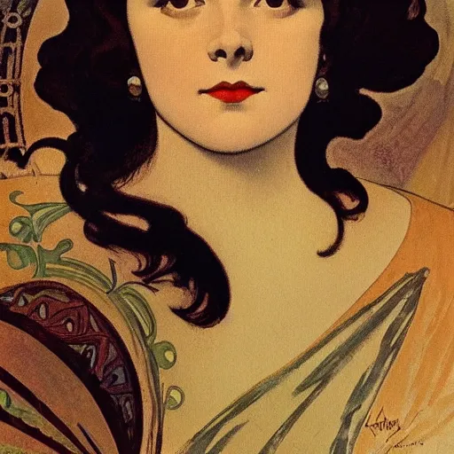 Image similar to a stylized closeup portrait of a young vivian leigh, arabesque forms, art nouveau, jugendstil, decorative background, painted by alphonse mucha