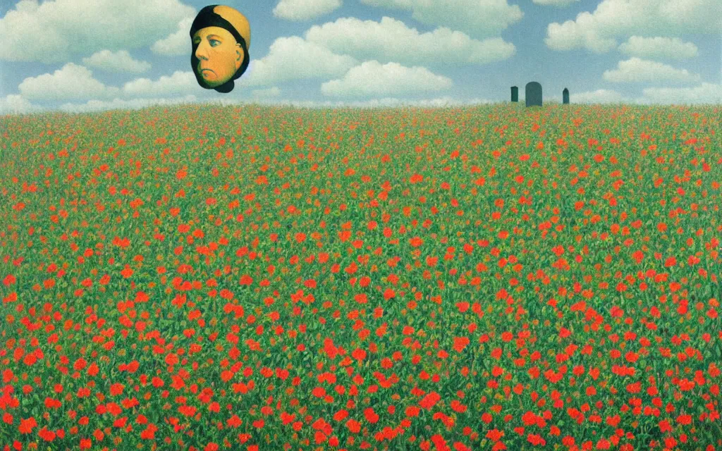 Image similar to grim reape with no face looking at you in distance in beautiful meadow of flowers, detailed painting by rene magritte