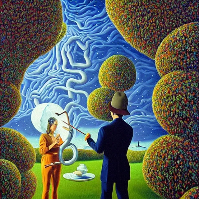 Image similar to an oil on canvas portrait of a man painting a portrait of a beautiful woman in the garden, surrealism, surrealist, lovecraftian, cosmic horror, rob gonsalves, high detail