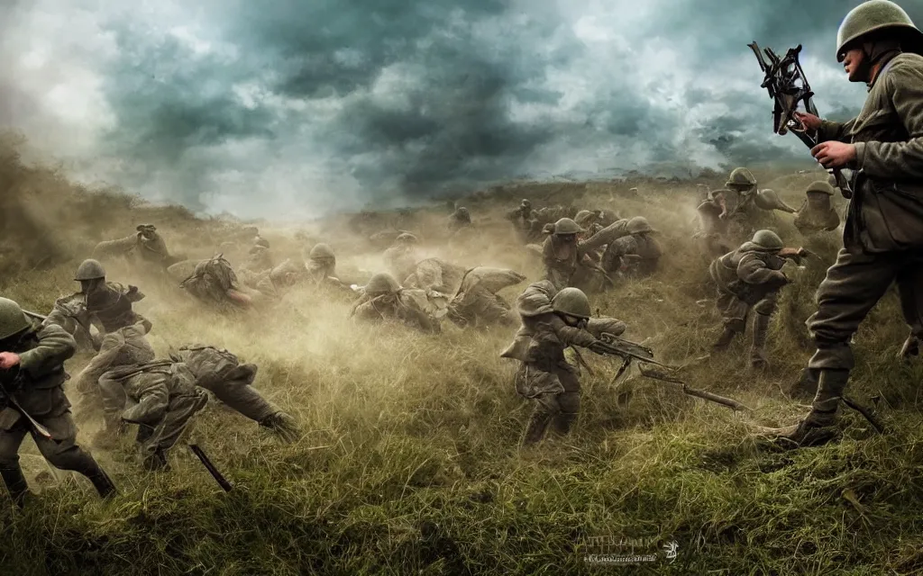 Image similar to fight ww 1, deep trenches with fortifications, natural landscape, green and blue tones, soldiers fighting against aliens from resistance game, realistic people, ground explosion in the background, alien mothership in the sky, hyper realistic, highly detailed, dramatic lighting, raytarced, god rays, 4 k, 8 k, art by artgem