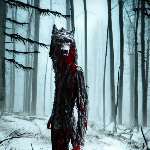 Image similar to blood soaked skinwalker, lanky, skinny, pale skin, snow, forest, dark, horrifying